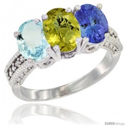 14K White Gold Natural Aquamarine, Lemon Quartz & Tanzanite Ring 3-Stone Oval 7x5 mm Diamond Accent