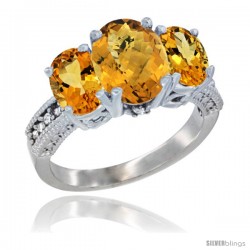 14K White Gold Ladies 3-Stone Oval Natural Whisky Quartz Ring with Citrine Sides Diamond Accent