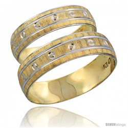 10k Gold 2-Piece Wedding Band Ring Set Him & Her 5.5mm & 4.5mm Diamond-cut Pattern Rhodium Accent -Style 10y505w2