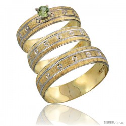 10k Gold 3-Piece Trio Green Sapphire Wedding Ring Set Him & Her 0.10 ct Rhodium Accent Diamond-cut Pattern -Style 10y505w3