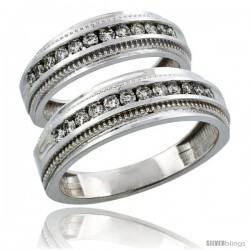 10k White Gold 2-Piece His (7mm) & Hers (6mm) Milgrain Design Diamond Wedding Ring Band Set w/ 0.62 Carat Brilliant Cut Diamonds