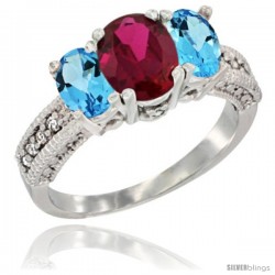 14k White Gold Ladies Oval Natural Ruby 3-Stone Ring with Swiss Blue Topaz Sides Diamond Accent