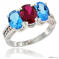 14K White Gold Natural Ruby & Swiss Blue Topaz Sides Ring 3-Stone 7x5 mm Oval Diamond Accent