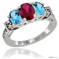 14K White Gold Natural High Quality Ruby & Swiss Blue Topaz Ring 3-Stone Oval with Diamond Accent