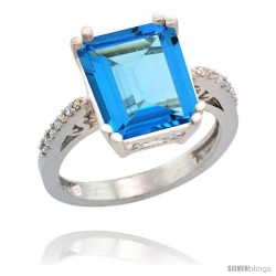 14k White Gold Diamond Swiss Blue Topaz Ring 5.83 ct Emerald Shape 12x10 Stone 1/2 in wide