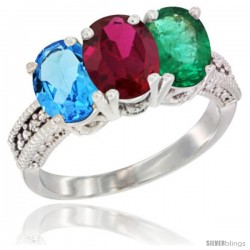 14K White Gold Natural Swiss Blue Topaz, Ruby & Emerald Ring 3-Stone 7x5 mm Oval Diamond Accent