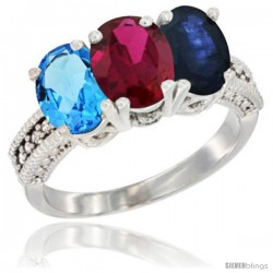 14K White Gold Natural Swiss Blue Topaz, Ruby & Blue Sapphire Ring 3-Stone 7x5 mm Oval Diamond Accent