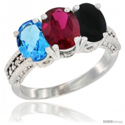 14K White Gold Natural Swiss Blue Topaz, Ruby & Black Onyx Ring 3-Stone 7x5 mm Oval Diamond Accent