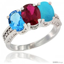 14K White Gold Natural Swiss Blue Topaz, Ruby & Turquoise Ring 3-Stone 7x5 mm Oval Diamond Accent