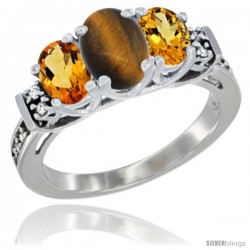 14K White Gold Natural Tiger Eye & Citrine Ring 3-Stone Oval with Diamond Accent