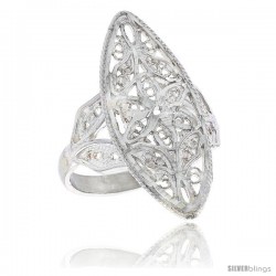 Sterling Silver Navette-shaped Floral Filigree Ring, 1 1/16 in