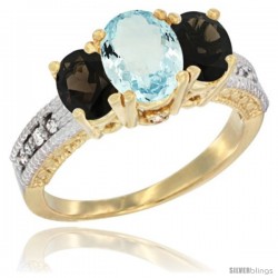 10K Yellow Gold Ladies Oval Natural Aquamarine 3-Stone Ring with Smoky Topaz Sides Diamond Accent