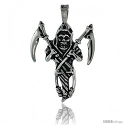 Stainless Steel Grim Reaper Skull Biker Pendant, 1 3/4 in tall with 30 in chain