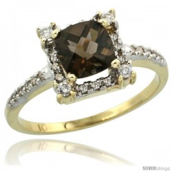 10k Yellow Gold Diamond Halo Smoky Topaz Ring 1.2 ct Checkerboard Cut Cushion 6 mm, 11/32 in wide