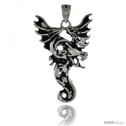 Stainless Steel Fiery Dragon Skull Biker Pendant, 1 3/4 in tall with 30 in chain