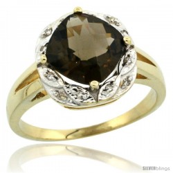 10k Yellow Gold Diamond Halo Smoky Topaz Ring 2.7 ct Checkerboard Cut Cushion Shape 8 mm, 1/2 in wide