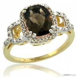 10k Yellow Gold Diamond Smoky Topaz Ring 2 ct Checkerboard Cut Cushion Shape 9x7 mm, 1/2 in wide