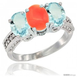 14K White Gold Natural Coral & Aquamarine Sides Ring 3-Stone Oval 7x5 mm Diamond Accent