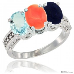 14K White Gold Natural Aquamarine, Coral & Lapis Ring 3-Stone Oval 7x5 mm Diamond Accent