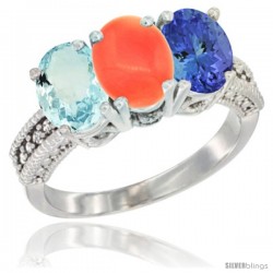 14K White Gold Natural Aquamarine, Coral & Tanzanite Ring 3-Stone Oval 7x5 mm Diamond Accent