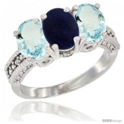 14K White Gold Natural Lapis & Aquamarine Sides Ring 3-Stone Oval 7x5 mm Diamond Accent