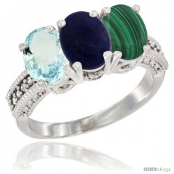 14K White Gold Natural Aquamarine, Lapis & Malachite Ring 3-Stone Oval 7x5 mm Diamond Accent