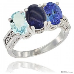 14K White Gold Natural Aquamarine, Lapis & Tanzanite Ring 3-Stone Oval 7x5 mm Diamond Accent