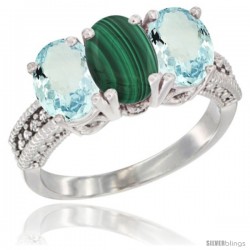 14K White Gold Natural Malachite & Aquamarine Sides Ring 3-Stone Oval 7x5 mm Diamond Accent