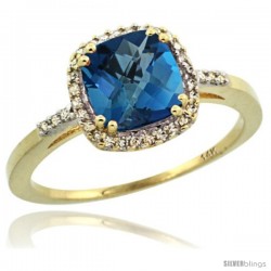 14k Yellow Gold Diamond London Blue Topaz Ring 1.5 ct Checkerboard Cut Cushion Shape 7 mm, 3/8 in wide