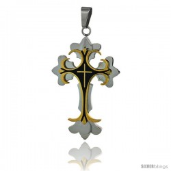 Stainless Steel Cross Fleury Pendant two-tone gold finish Black resin inlay, 2 1/4 in tall with 30 in chain