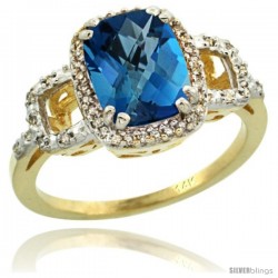 14k Yellow Gold Diamond London Blue Topaz Ring 2 ct Checkerboard Cut Cushion Shape 9x7 mm, 1/2 in wide