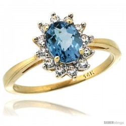 14k Yellow Gold Diamond Halo London Blue Topaz Ring 0.85 ct Oval Stone 7x5 mm, 1/2 in wide