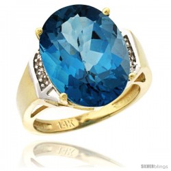 14k Yellow Gold Diamond London Blue Topaz Ring 9.7 ct Large Oval Stone 16x12 mm, 5/8 in wide