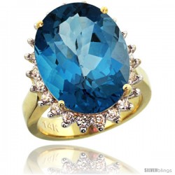 14k Yellow Gold Diamond Halo London Blue Topaz Ring 10 ct Large Oval Stone 18x13 mm, 7/8 in wide