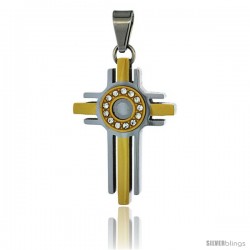 Stainless Steel Halo Cross Pendant CZ Stones 2-tone Gold Finish, 1 1/2 in tall with 30 in chain