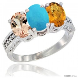 10K White Gold Natural Morganite, Turquoise & Whisky Quartz Ring 3-Stone Oval 7x5 mm Diamond Accent