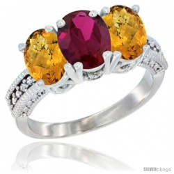 10K White Gold Natural Ruby & Whisky Quartz Sides Ring 3-Stone Oval 7x5 mm Diamond Accent