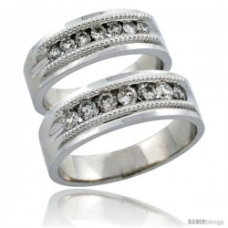 10k White Gold 2-Piece His (7mm) & Hers (6.5mm) Milgrain Design Diamond Wedding Ring Band Set w/ 0.86 Carat Brilliant Cut