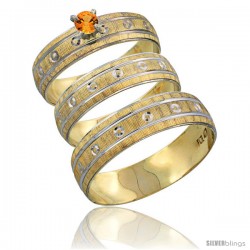 10k Gold 3-Piece Trio Orange Sapphire Wedding Ring Set Him & Her 0.10 ct Rhodium Accent Diamond-cut Pattern -Style 10y505w3