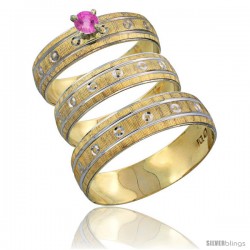 10k Gold 3-Piece Trio Pink Sapphire Wedding Ring Set Him & Her 0.10 ct Rhodium Accent Diamond-cut Pattern -Style 10y505w3