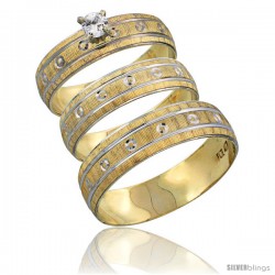 10k Gold 3-Piece Trio White Sapphire Wedding Ring Set Him & Her 0.10 ct Rhodium Accent Diamond-cut Pattern -Style 10y505w3