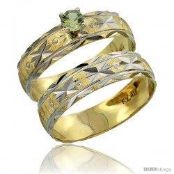 10k Gold Ladies' 2-Piece 0.25 Carat Green Sapphire Engagement Ring Set Diamond-cut Pattern Rhodium Accent, 3/16 -Style 10y506e2