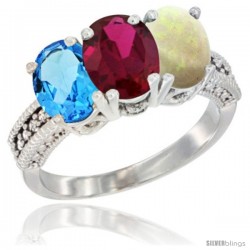 14K White Gold Natural Swiss Blue Topaz, Ruby & Opal Ring 3-Stone 7x5 mm Oval Diamond Accent