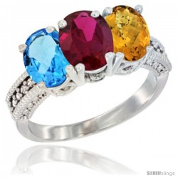 14K White Gold Natural Swiss Blue Topaz, Ruby & Whisky Quartz Ring 3-Stone 7x5 mm Oval Diamond Accent