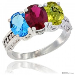 14K White Gold Natural Swiss Blue Topaz, Ruby & Lemon Quartz Ring 3-Stone 7x5 mm Oval Diamond Accent