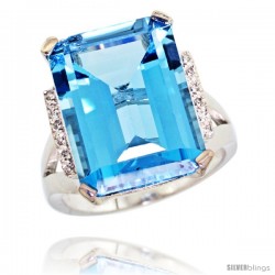 14k White Gold Diamond Swiss Blue Topaz Ring 12 ct Emerald Cut 16x12 stone 3/4 in wide