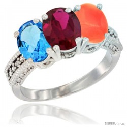 14K White Gold Natural Swiss Blue Topaz, Ruby & Coral Ring 3-Stone 7x5 mm Oval Diamond Accent