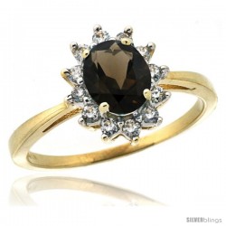 10k Yellow Gold Diamond Halo Smoky Topaz Ring 0.85 ct Oval Stone 7x5 mm, 1/2 in wide