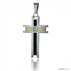 Stainless Steel Cross Pendant CZ Stones 3-color Black & Gold, 1 3/4 in tall, w/ 30 in Chain