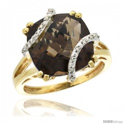 10k Yellow Gold Diamond Smoky Topaz Ring 7.5 ct Cushion Cut 12 mm Stone, 1/2 in wide